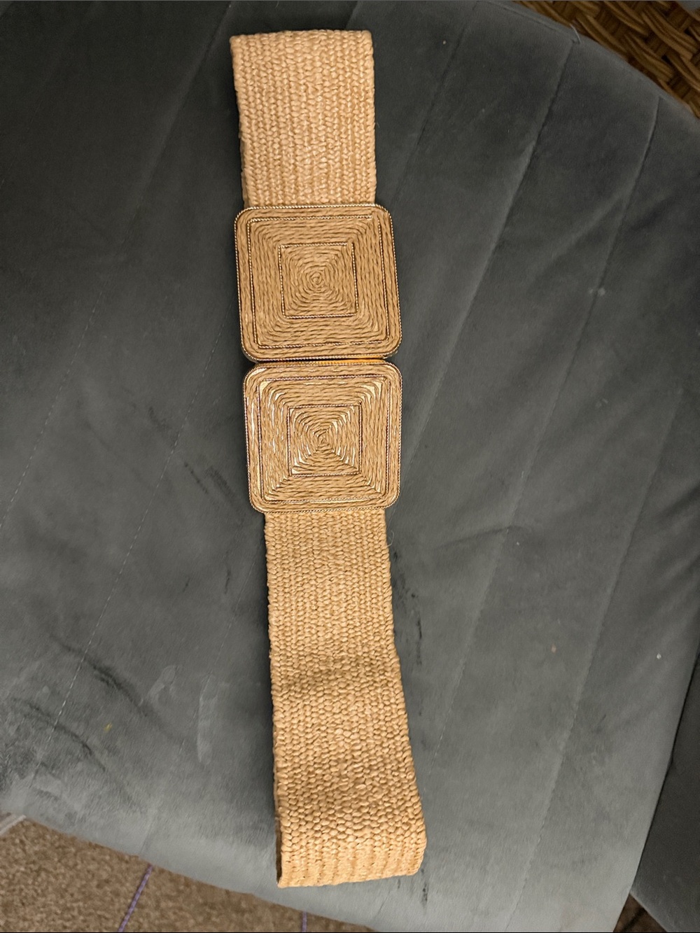 Woven Tan Stretch Belt with Decorative Square Buckles